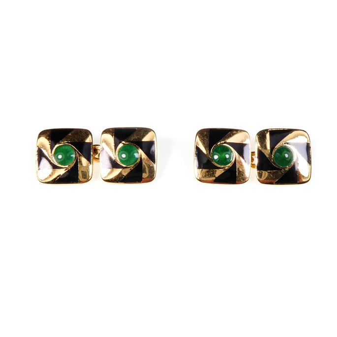 Pair of Art Deco gold and enamel cushion panel cufflinks, in green and black | MasterArt
